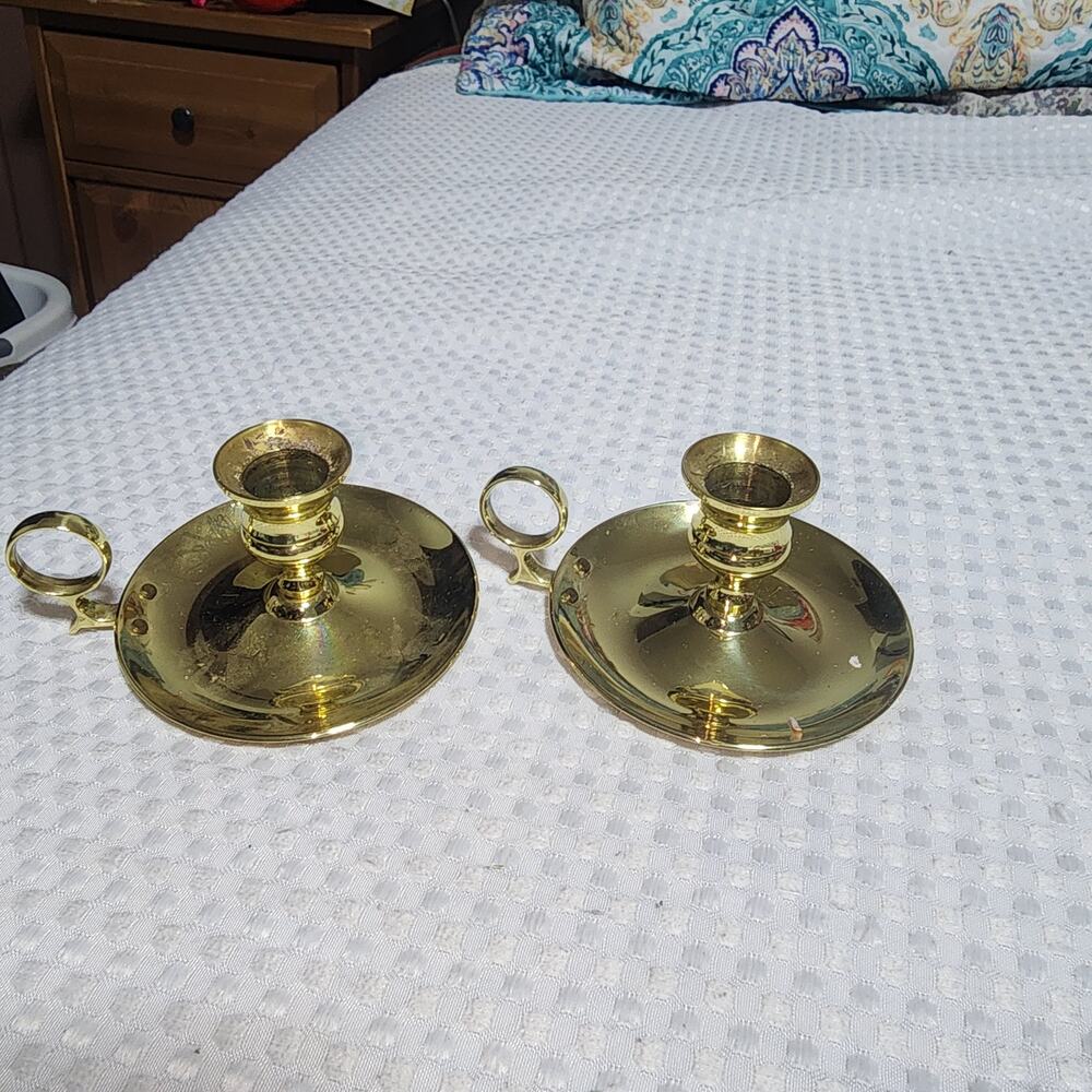 MCM VINTAGE BRASS LOOK SET OF 2 POLISHED CANDLESTICK CHAMBERSTICK HEAVY HOLDERS